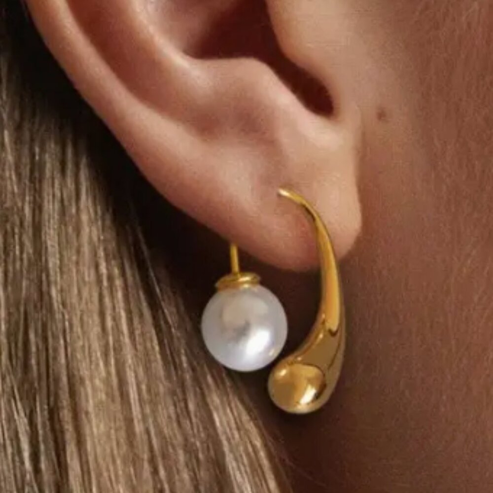 18K Gold Dipped Pearl Drop Earrings | Waterproof Stainless Steel Hoop